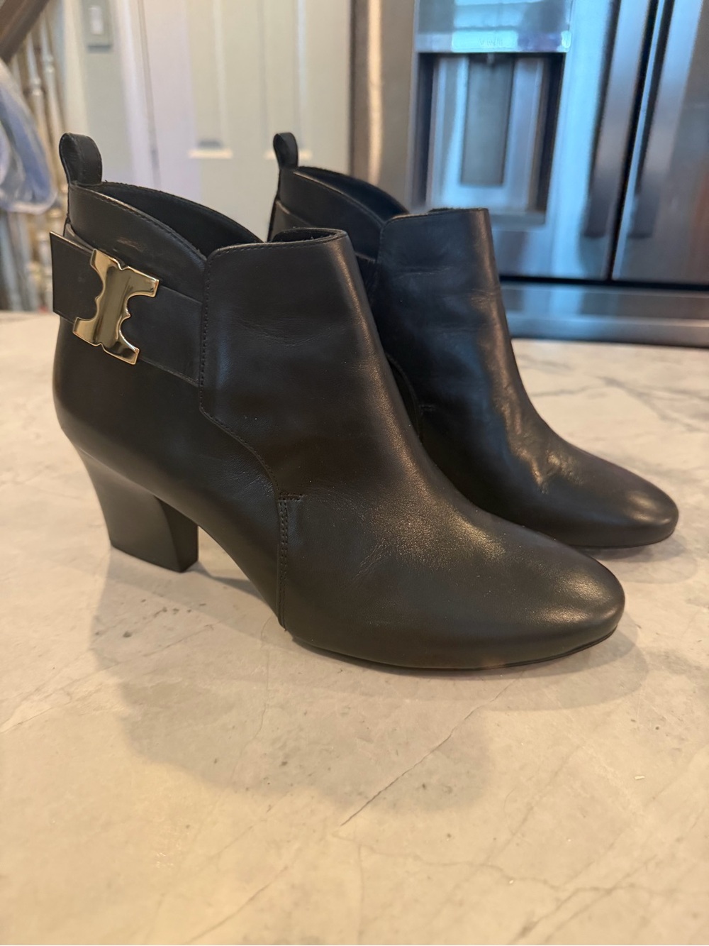 Tory Burch Black Leather Ankle Strap Logo Bootie silver hardware size 7